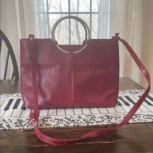 Source Unknown Red Shoulder Silver Matted Round Finish Handle Leather Bag